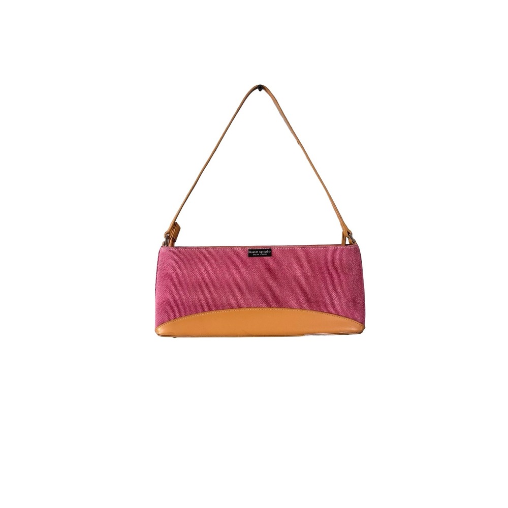 Vintage Kate Spade Pink Woven Canvas Baguette Shoulder Bag Tan Leather Small